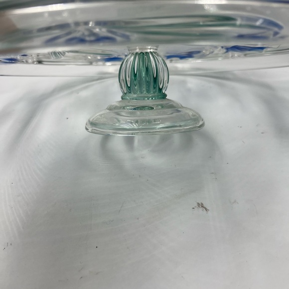 Vintage Studio Silversmiths 13” Pedestal Crystal Cake Plate Floral  Blue Green - Picture 2 of 7